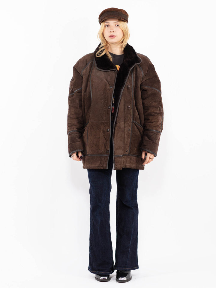 Vintage 90's Women Suede Sherpa Coat in Brown
