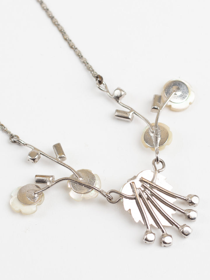 Vintage 50s Mother of Pearl Flower Necklace with Silver-Tone Leaf Pendant