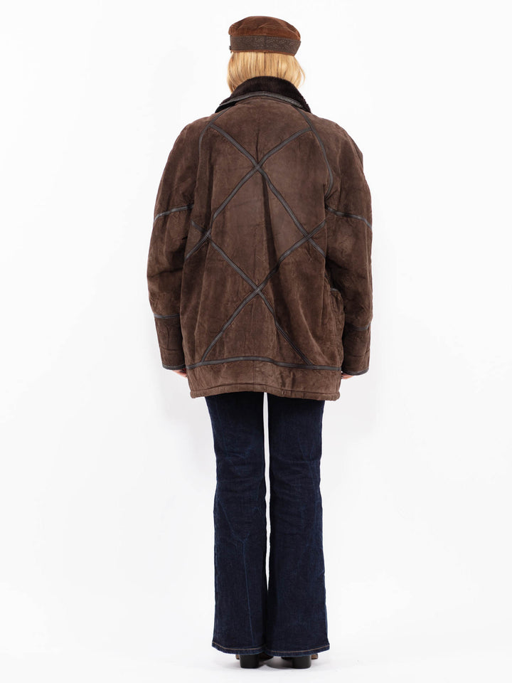 Vintage 90's Women Suede Sherpa Coat in Brown