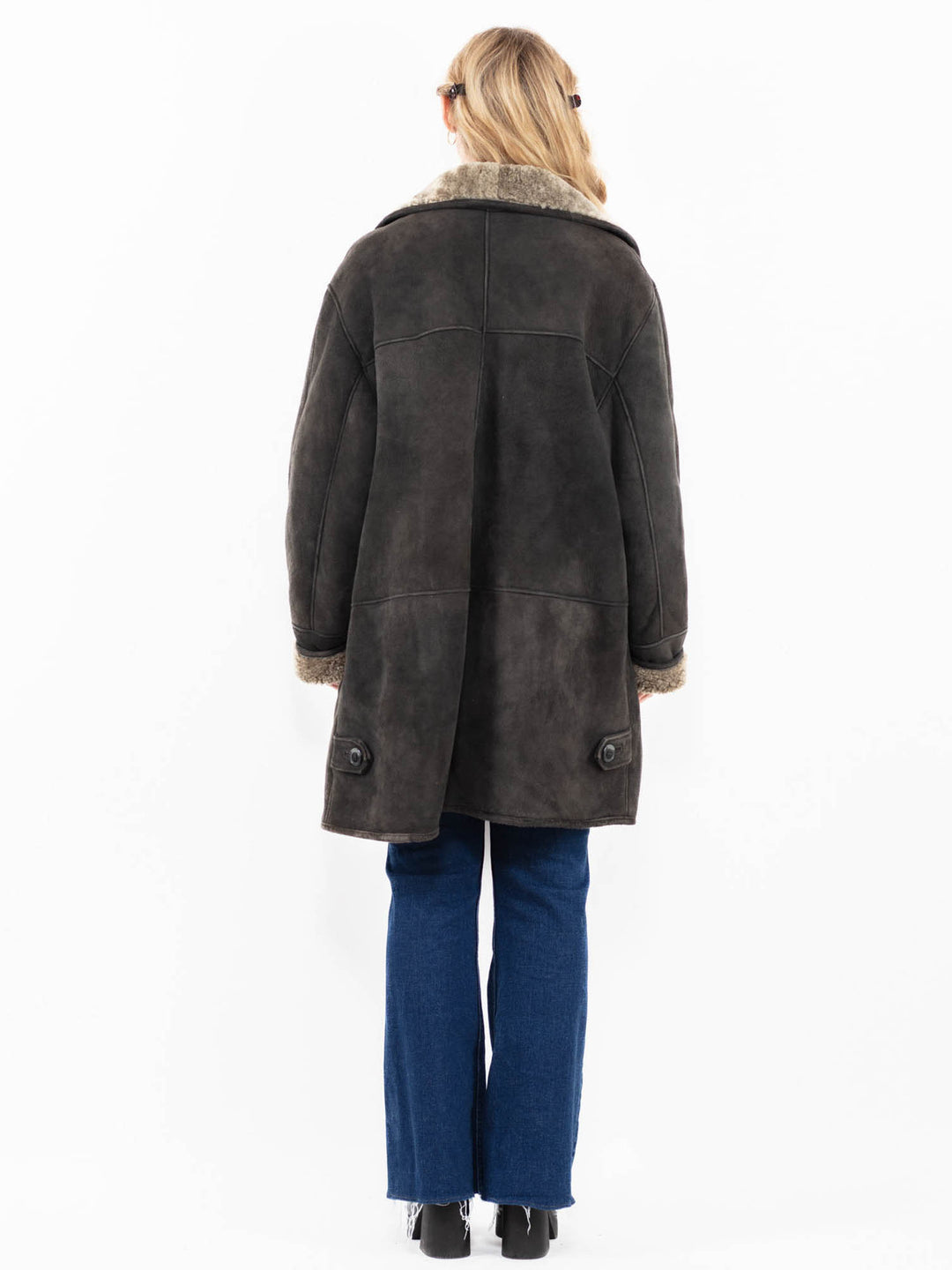 Vintage 90's Women Oversized Sheepskin Coat in Gray