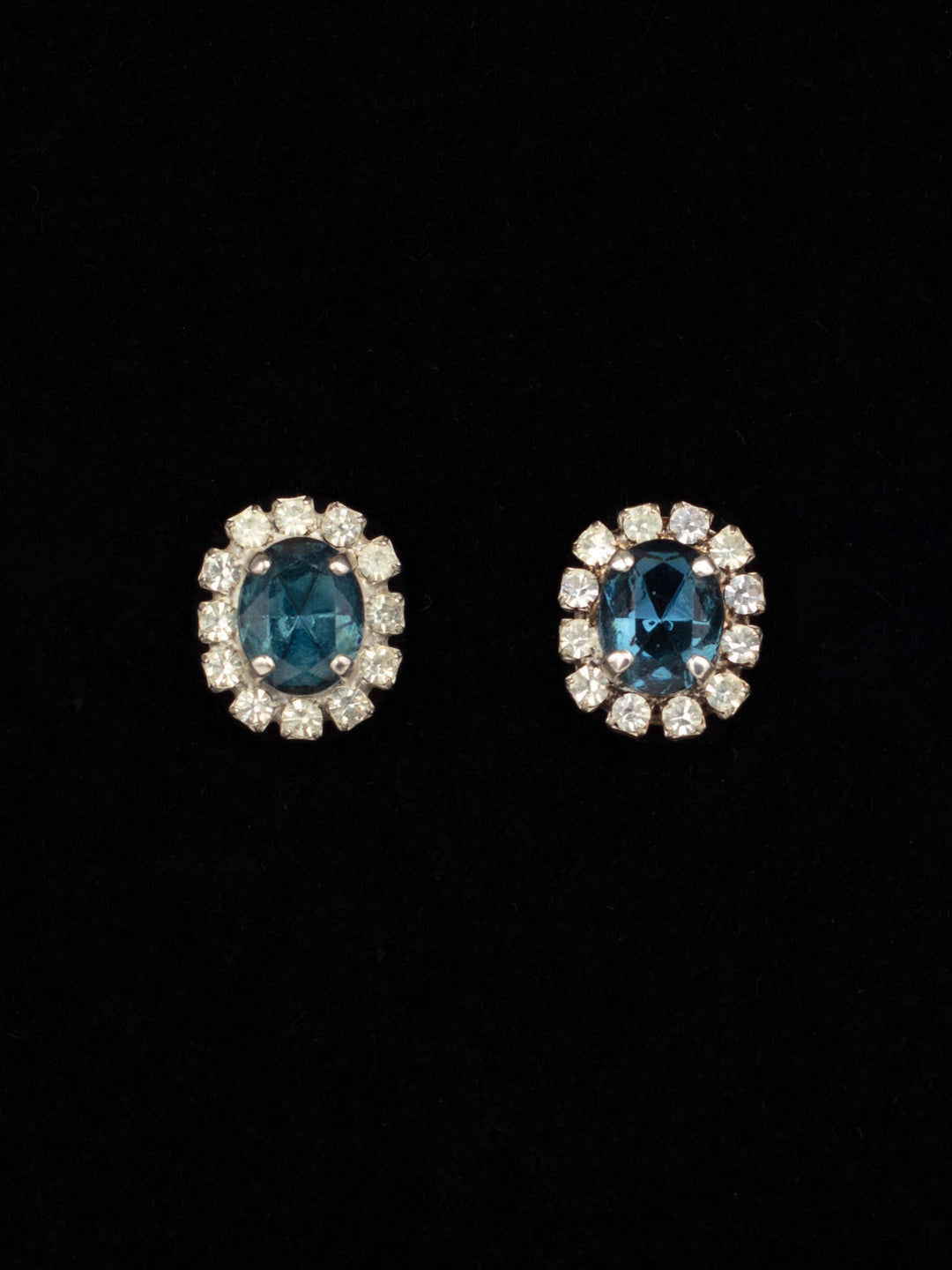 Vintage 80s Oval Blue Rhinestone Stud Earrings with Clear Halo