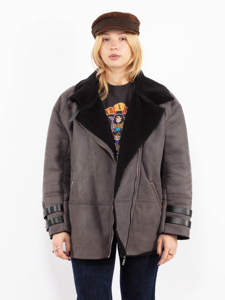 Vintage 00's Women Faux Sheepskin Coat in Gray