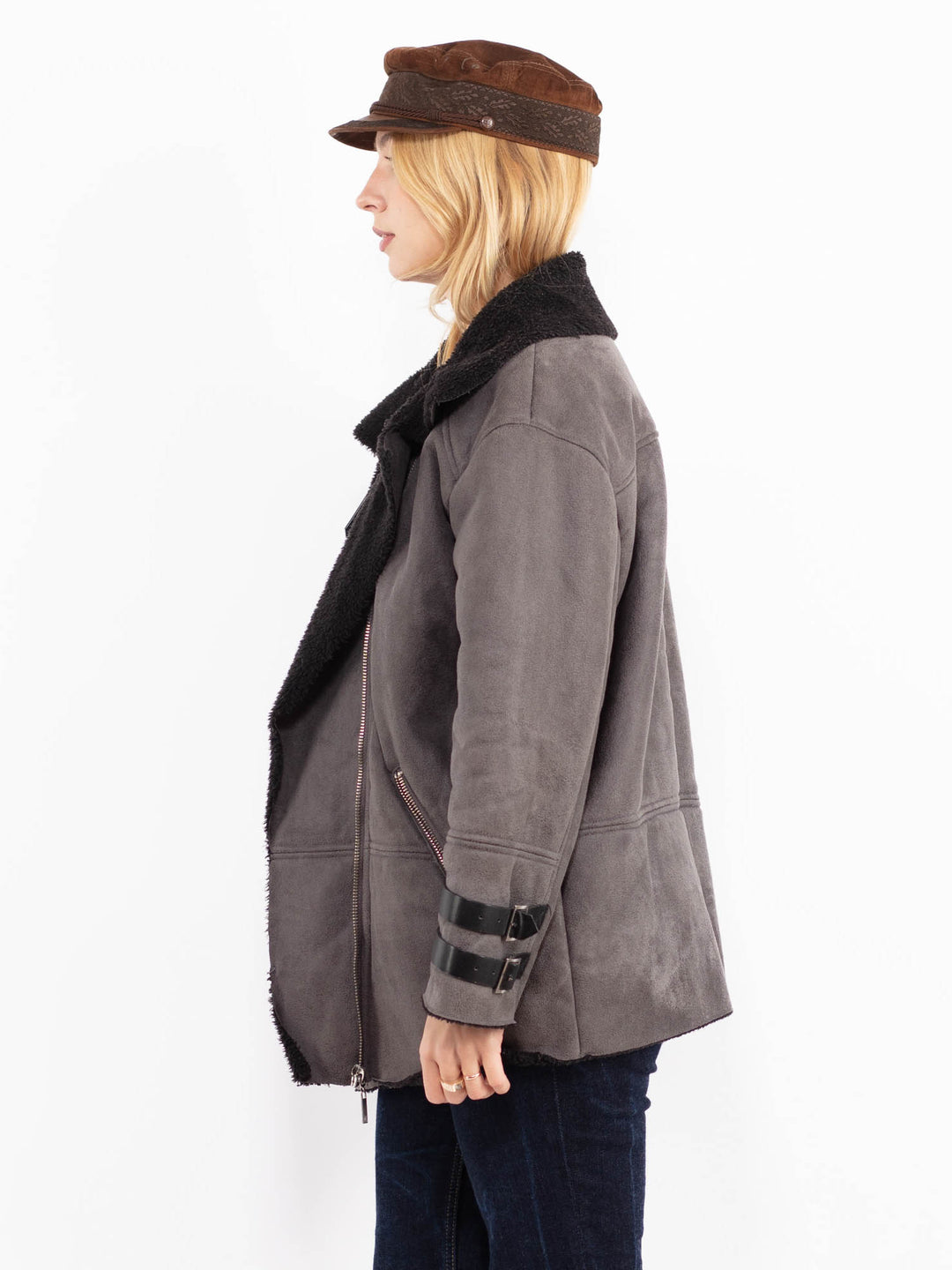 Vintage 00's Women Faux Sheepskin Coat in Gray