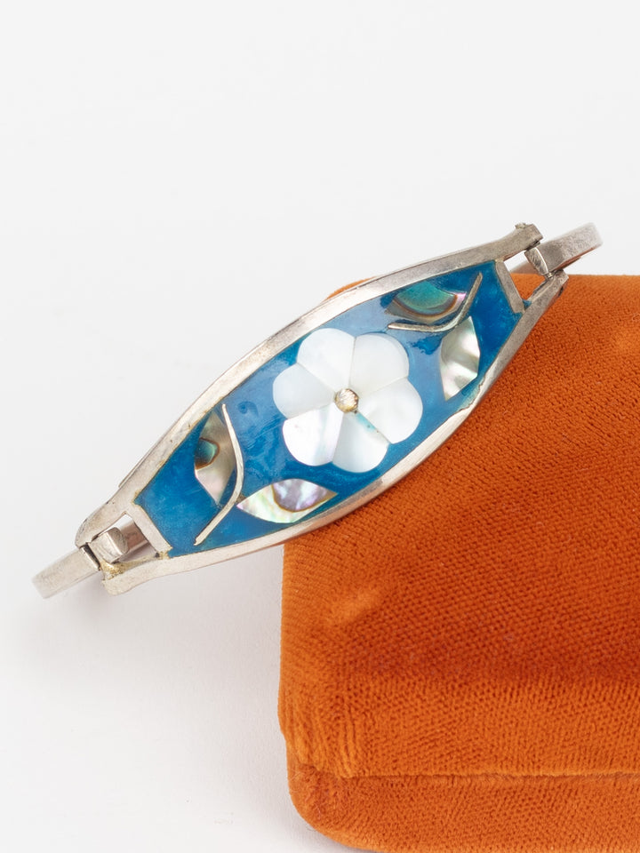 1980s Blue Inlay Flower Bangle with Abalone Shell & Mother of Pearl, Handmade Boho Jewelry, Abalone Bracelet, Gift For Her