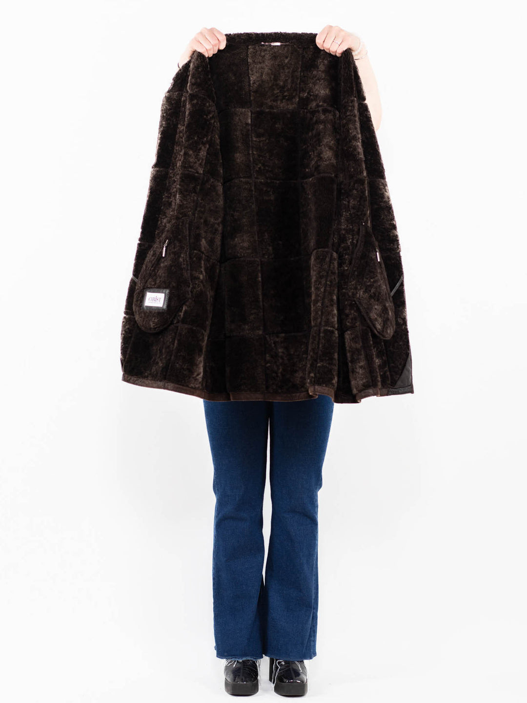 Vintage 90's Women Oversized Sheepskin Coat in Brown