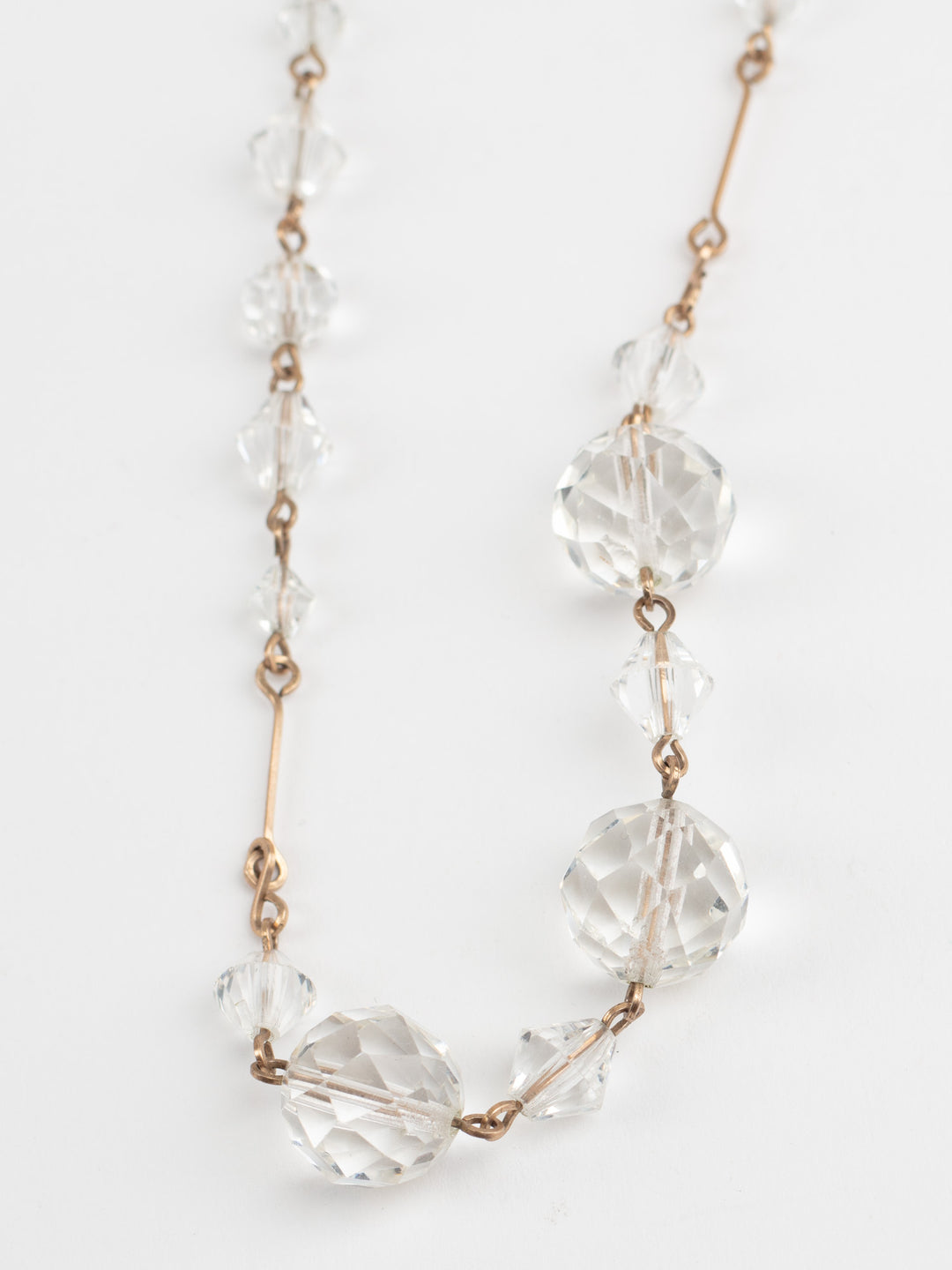 Vintage 40s Clear Crystal Bead Necklace with Faceted Glass and Brass Links
