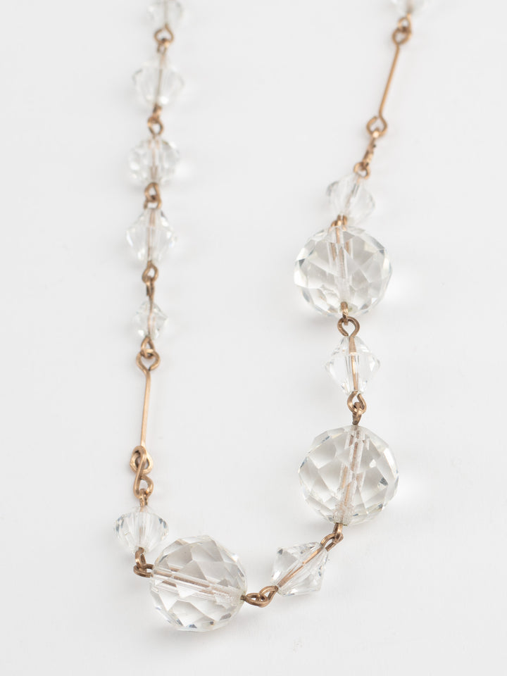Vintage 40s Clear Crystal Bead Necklace with Faceted Glass and Brass Links