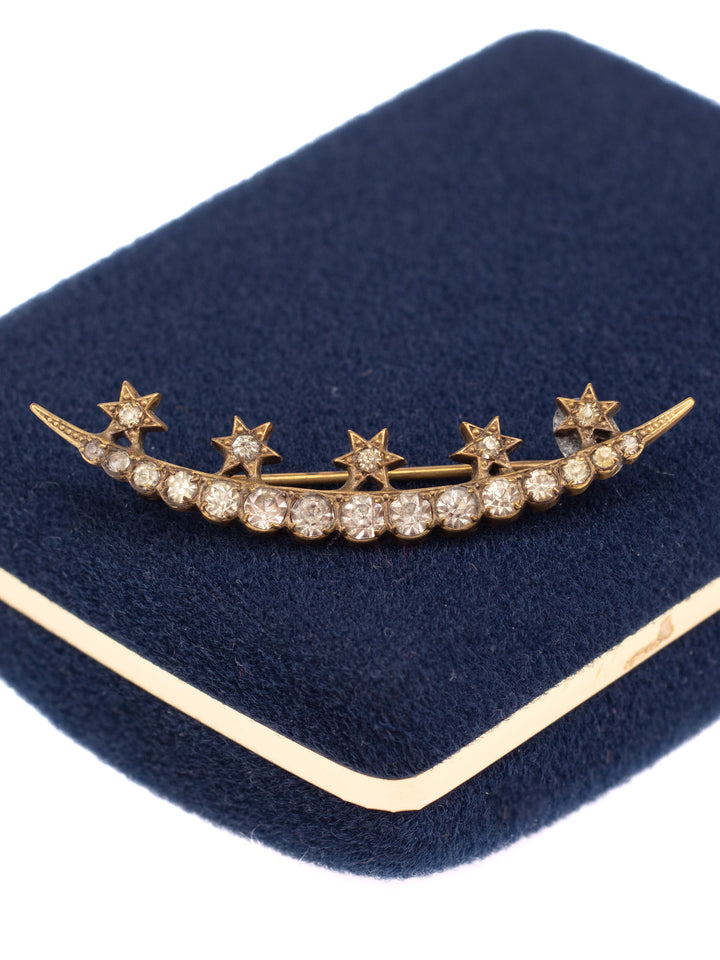 Vintage 50s Crescent Moon and Stars Rhinestone Brooch