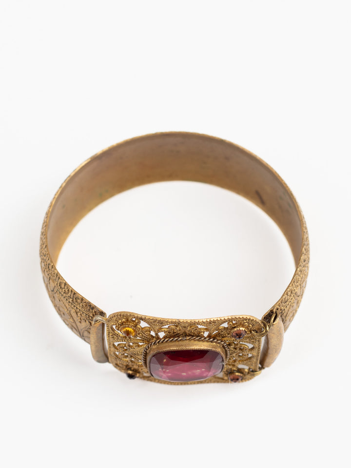 Antique 1890s Brass Cuff Bracelet with Red Glass Stone and Filigree Setting