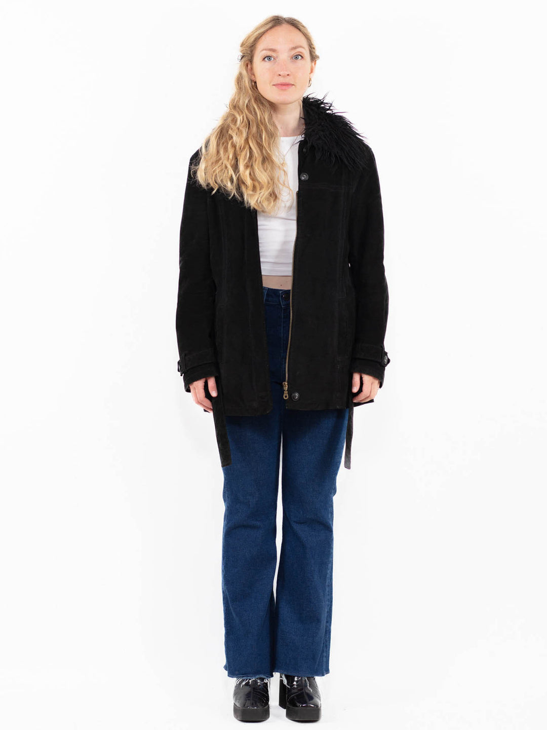 Vintage 90's Women Suede Sherpa Coat in Black