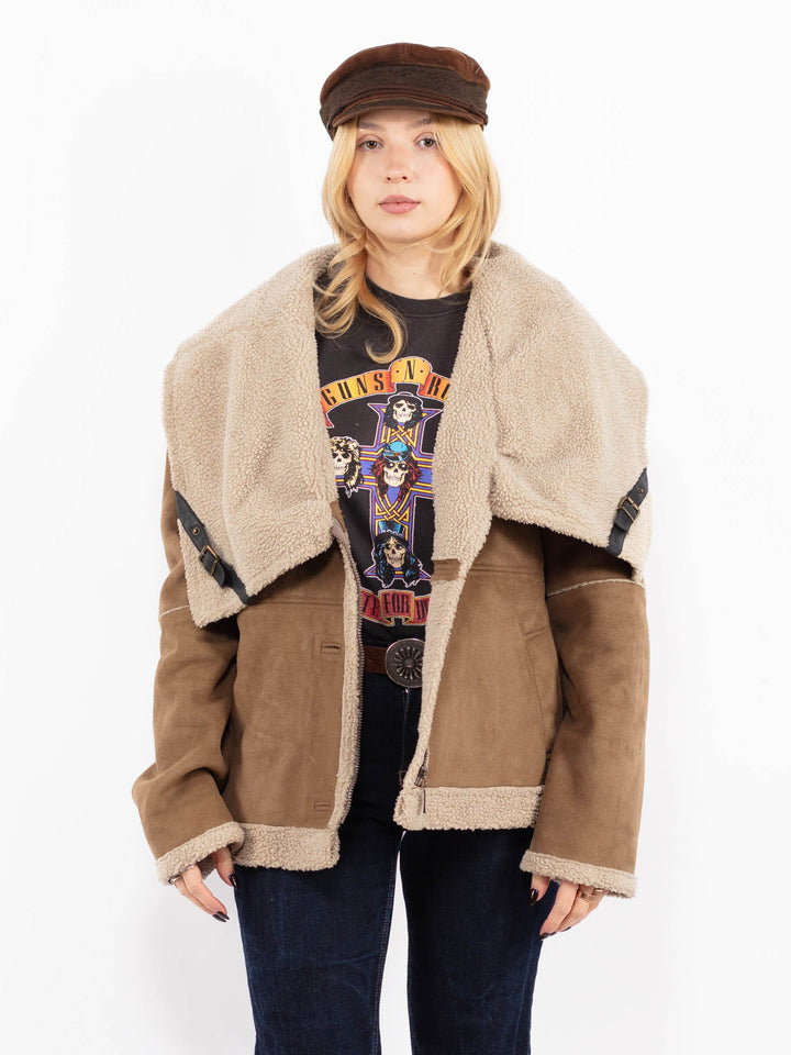 Vintage 90's Women Faux Shepskin Bomber Jacket in Beige