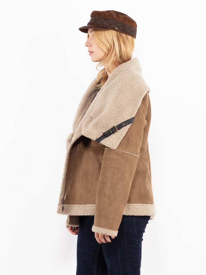 Vintage 90's Women Faux Shepskin Bomber Jacket in Beige