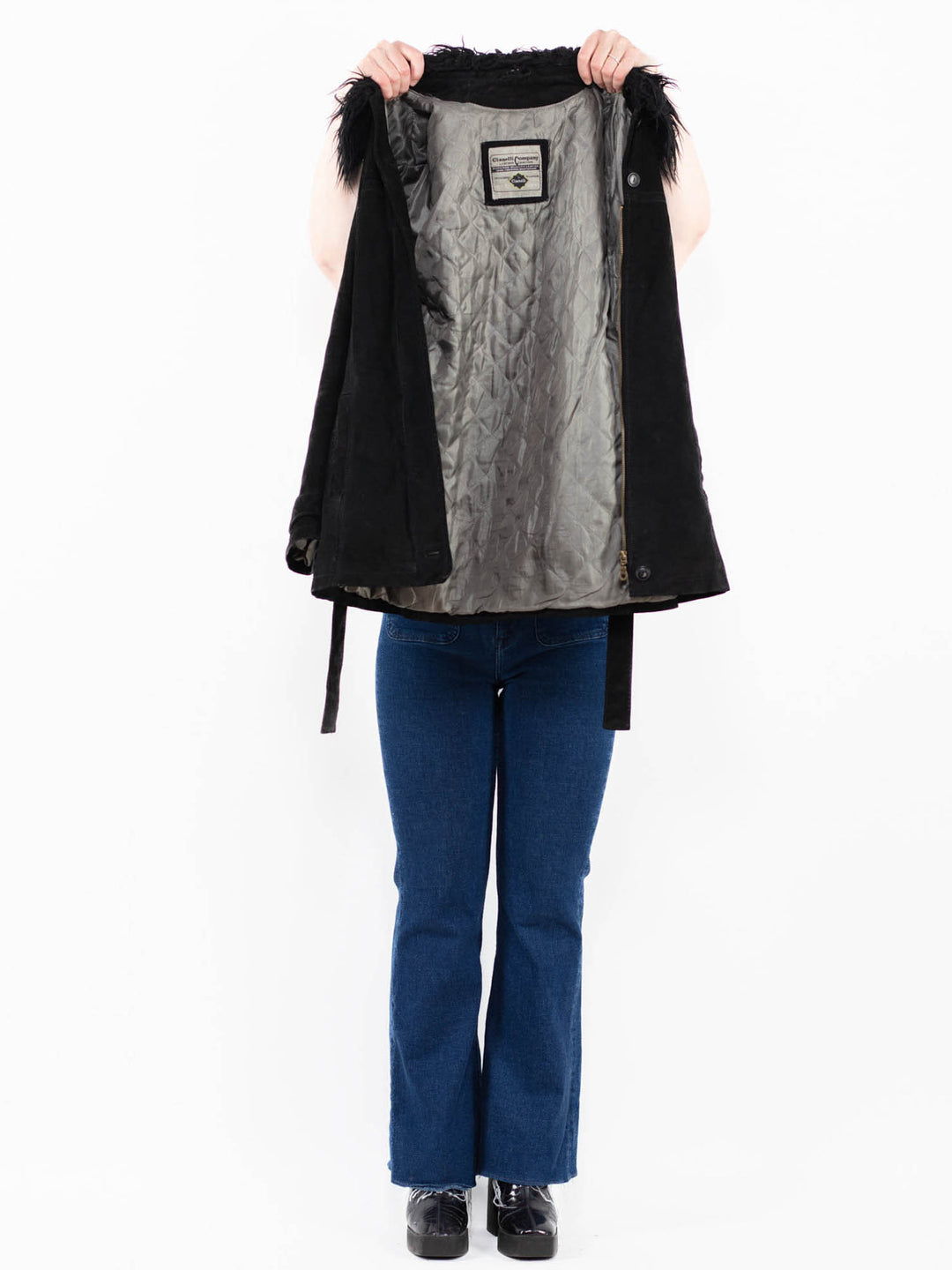 Vintage 90's Women Suede Sherpa Coat in Black