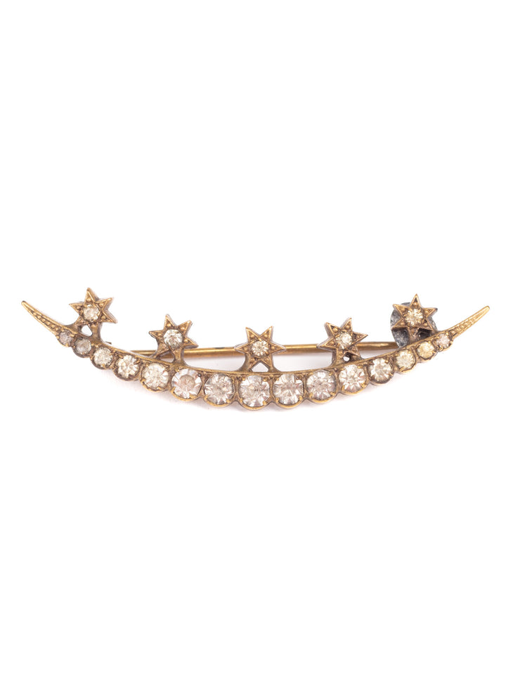 Vintage 50s Crescent Moon and Stars Rhinestone Brooch