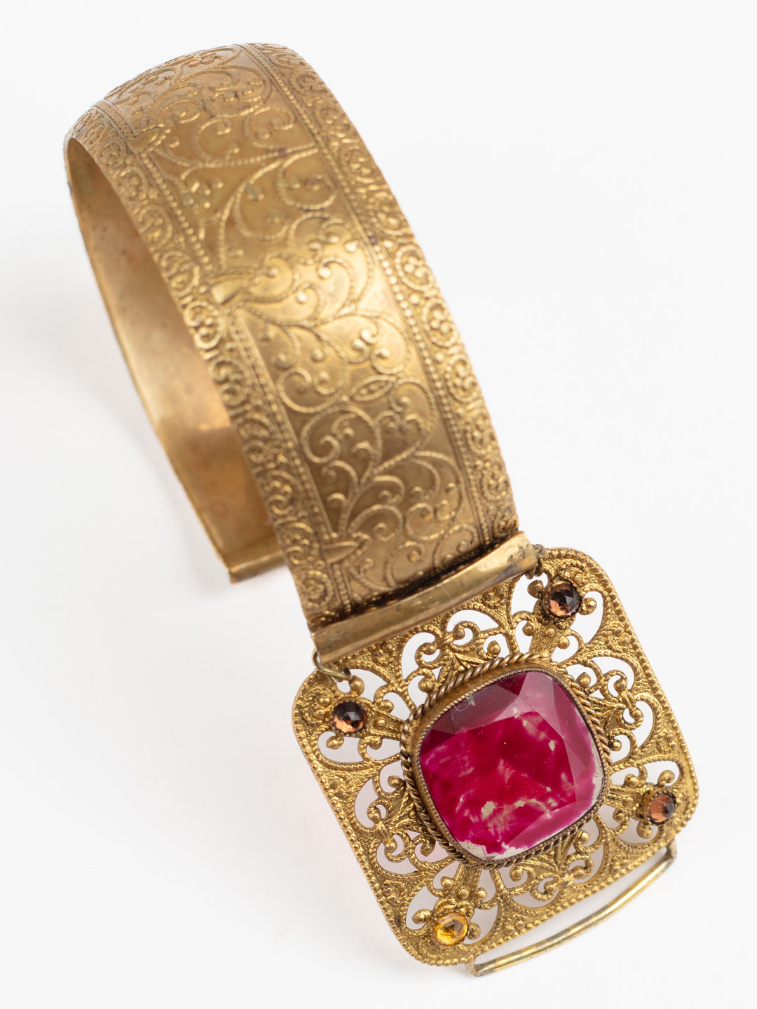 Antique 1890s Brass Cuff Bracelet with Red Glass Stone and Filigree Setting