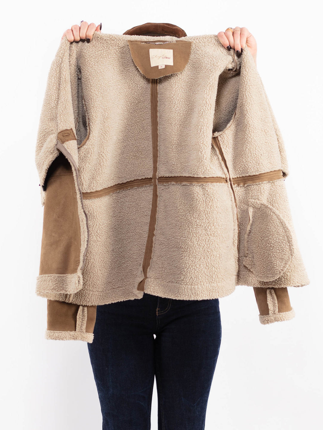 Vintage 90's Women Faux Shepskin Bomber Jacket in Beige