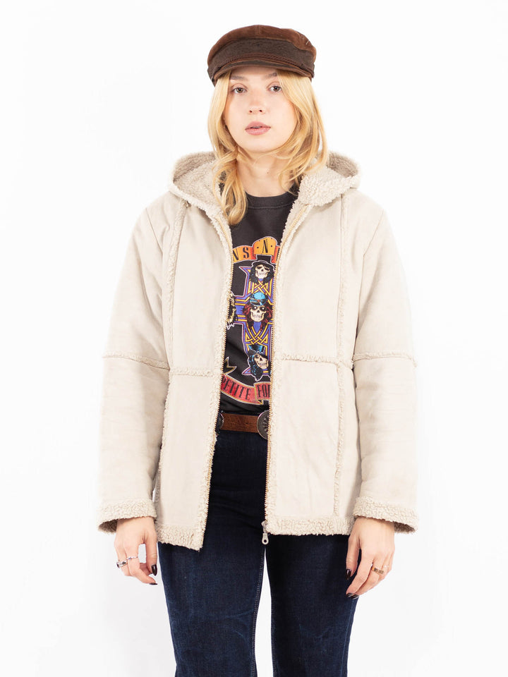 Vintage 90's Women Hooded Sherpa Jacket in Beige