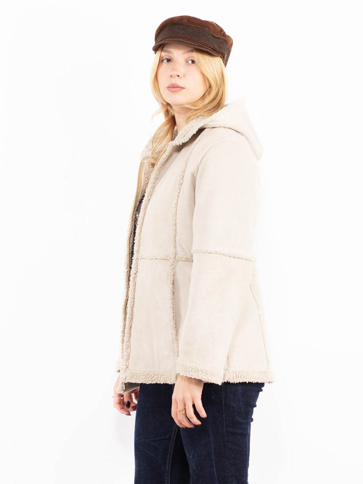 Vintage 90's Women Hooded Sherpa Jacket in Beige