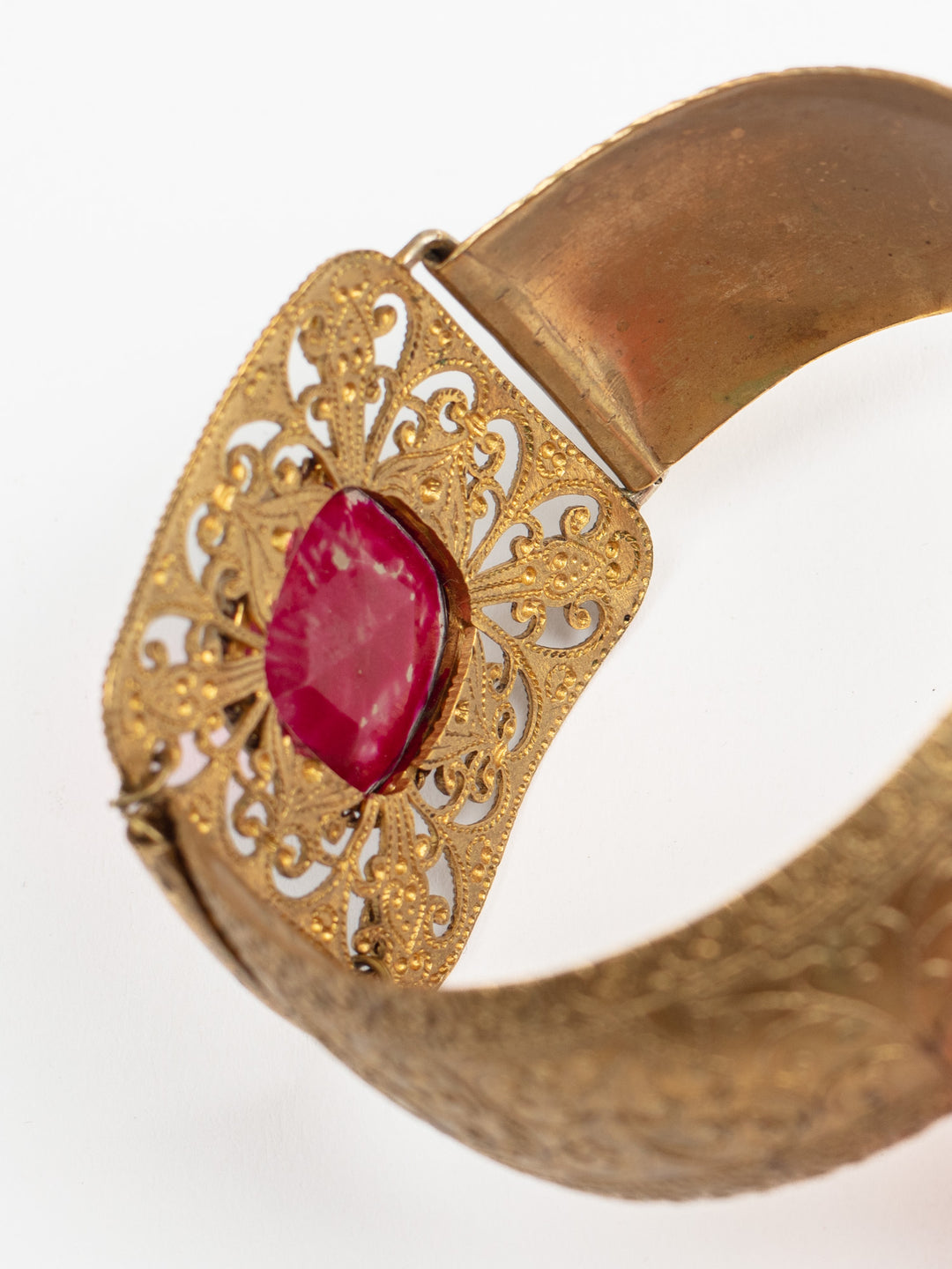 Antique 1890s Brass Cuff Bracelet with Red Glass Stone and Filigree Setting