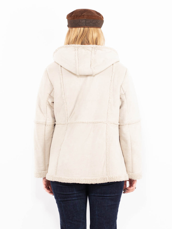 Vintage 90's Women Hooded Sherpa Jacket in Beige