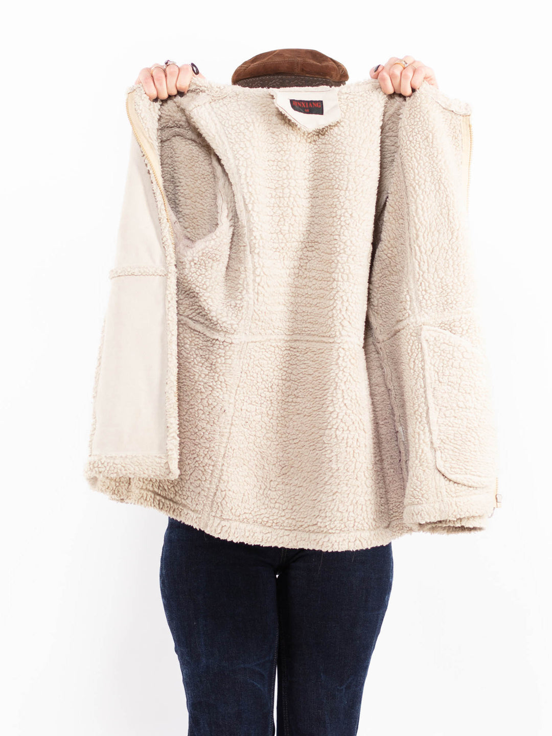Vintage 90's Women Hooded Sherpa Jacket in Beige