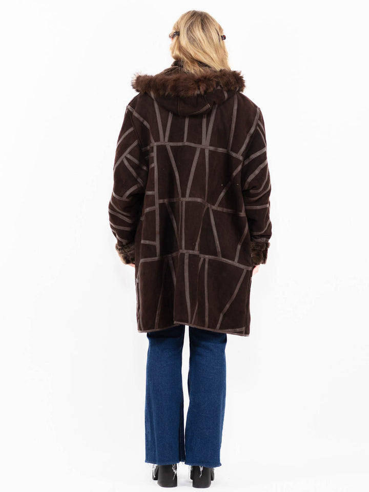 Vintage 90's Women Hooded Sheepskin Coat in Brown