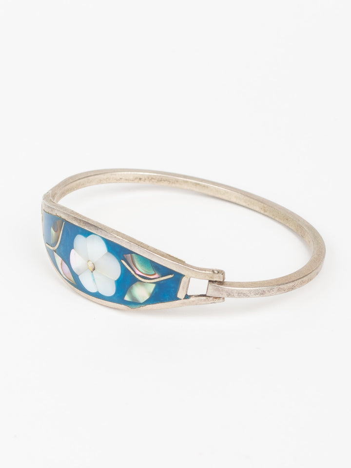 1980s Blue Inlay Flower Bangle with Abalone Shell & Mother of Pearl, Handmade Boho Jewelry, Abalone Bracelet, Gift For Her