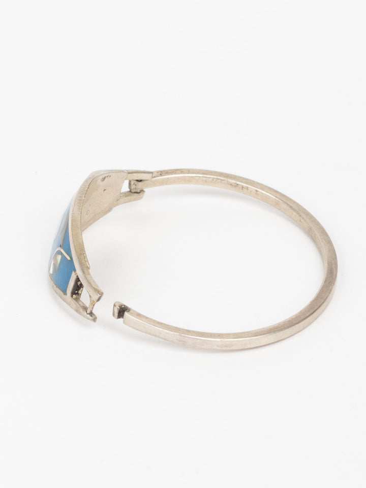1980s Blue Inlay Flower Bangle with Abalone Shell & Mother of Pearl, Handmade Boho Jewelry, Abalone Bracelet, Gift For Her