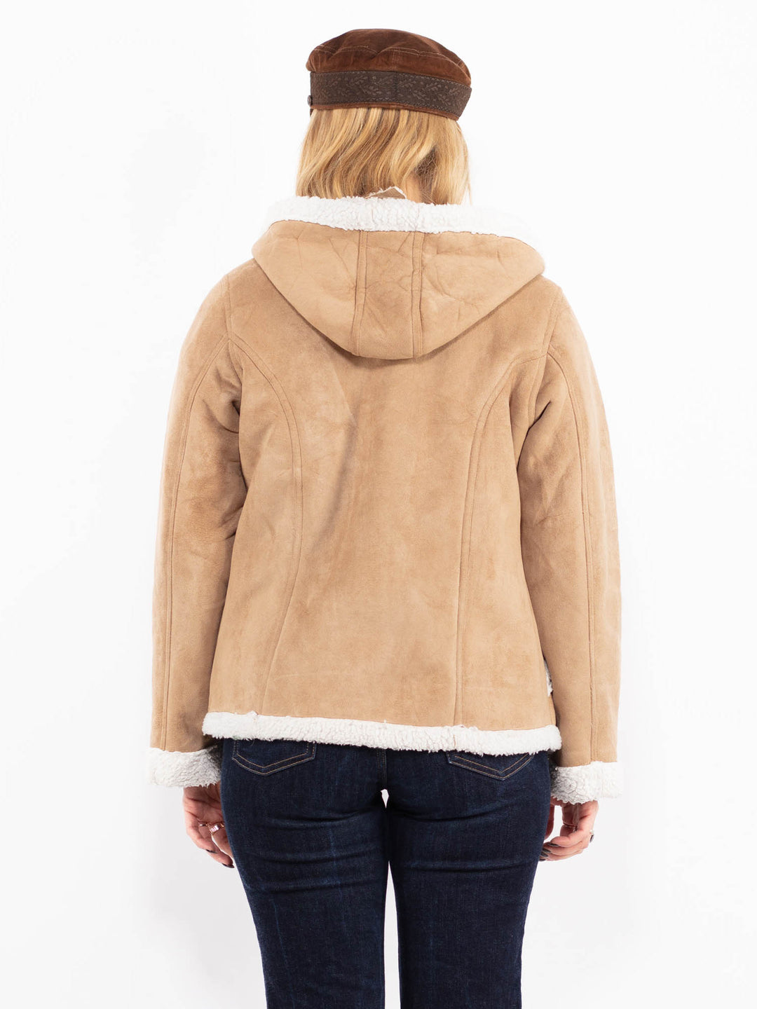 Vintage 90's Women Hooded Sherpa Jacket in Beige