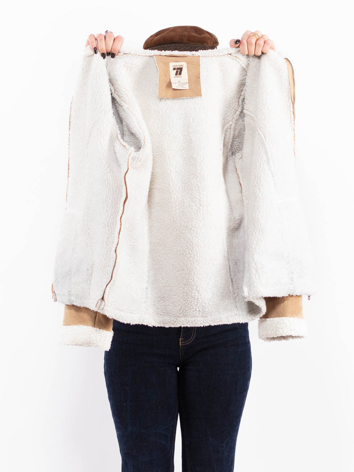 Vintage 90's Women Hooded Sherpa Jacket in Beige