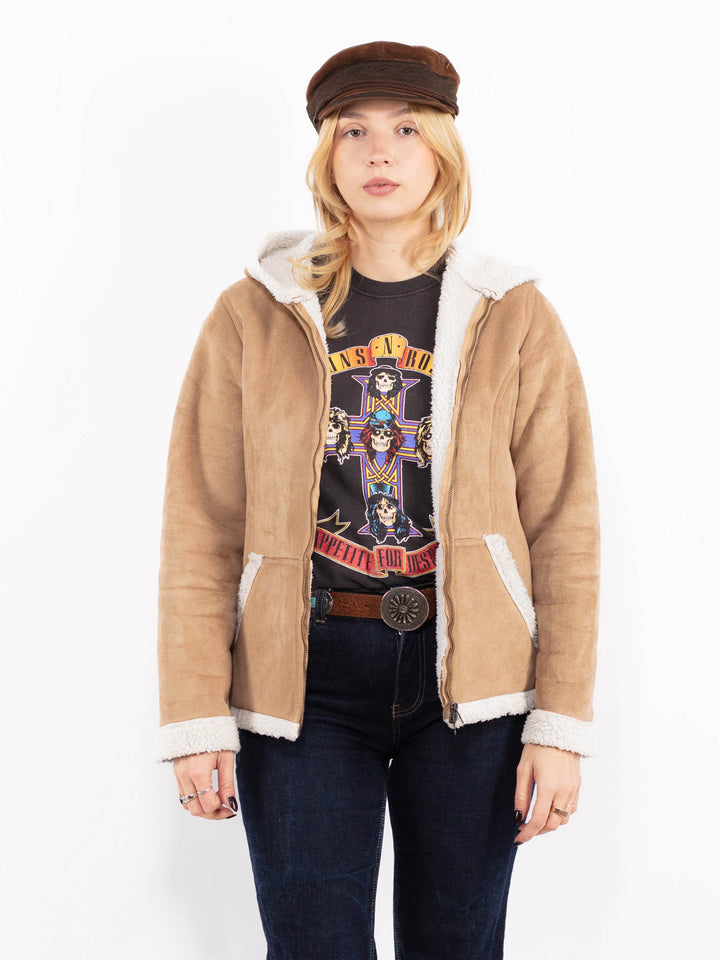 Vintage 90's Women Hooded Sherpa Jacket in Beige