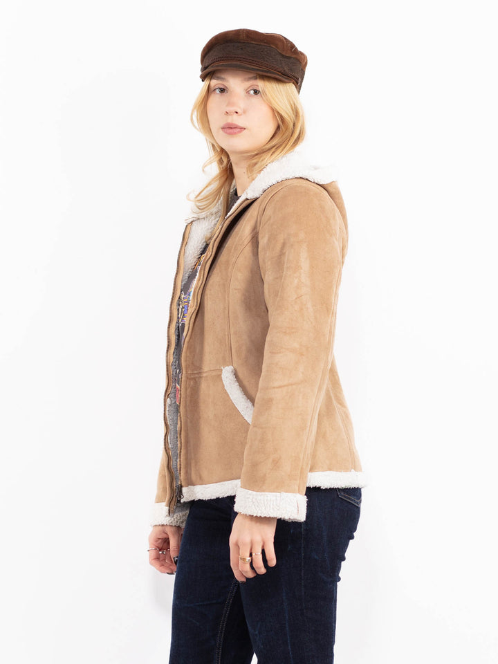 Vintage 90's Women Hooded Sherpa Jacket in Beige