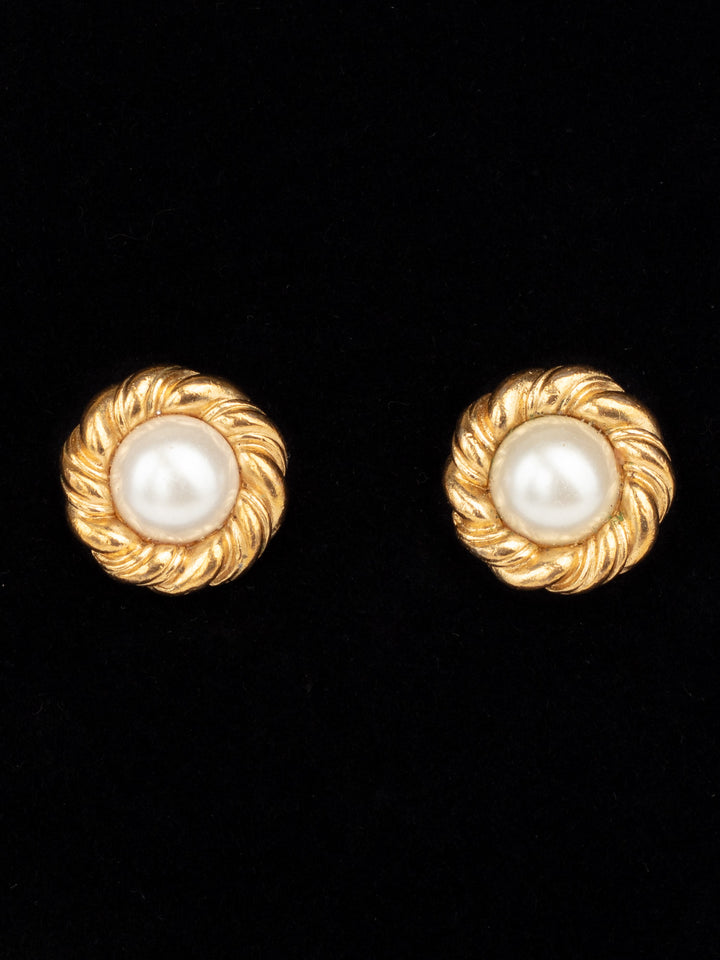 Vintage 80s Round Faux Pearl Earrings with Twisted Gold-Tone Frame