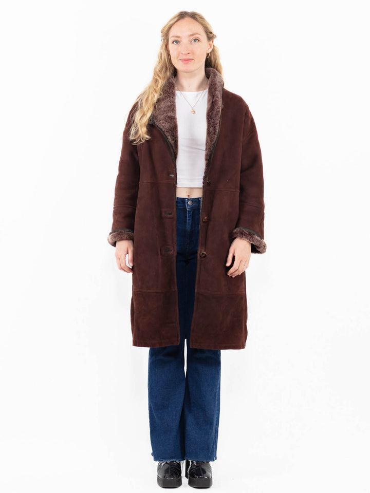 Vintage 90's Women Sheepskin Coat in Burgundy Brown