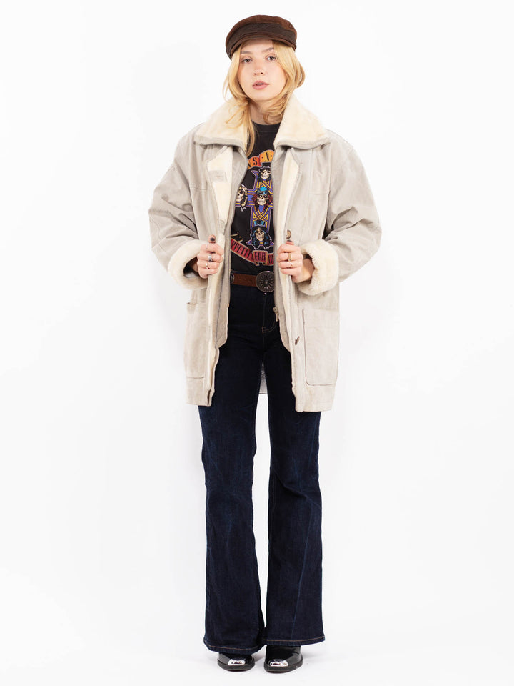 Vintage 90's Women Suede Sherpa Coat in Beige