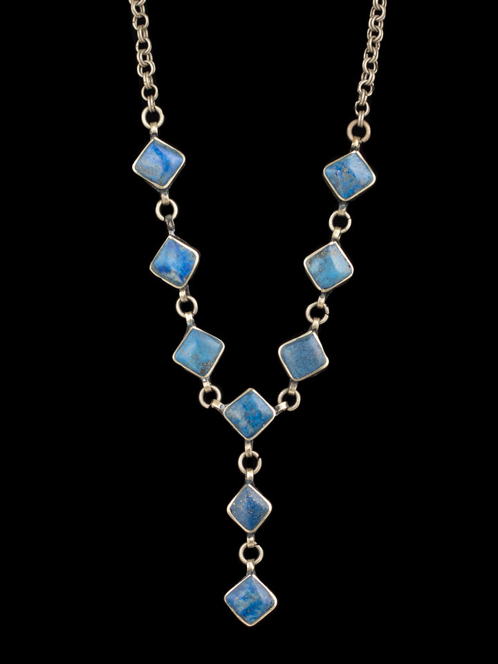 Vintage 1970s Lapis Blue Stone Necklace with Geometric Drop, Silver-Tone Metal Chain, Artisan Boho Pendant Necklace, Vintage Boho Jewelry