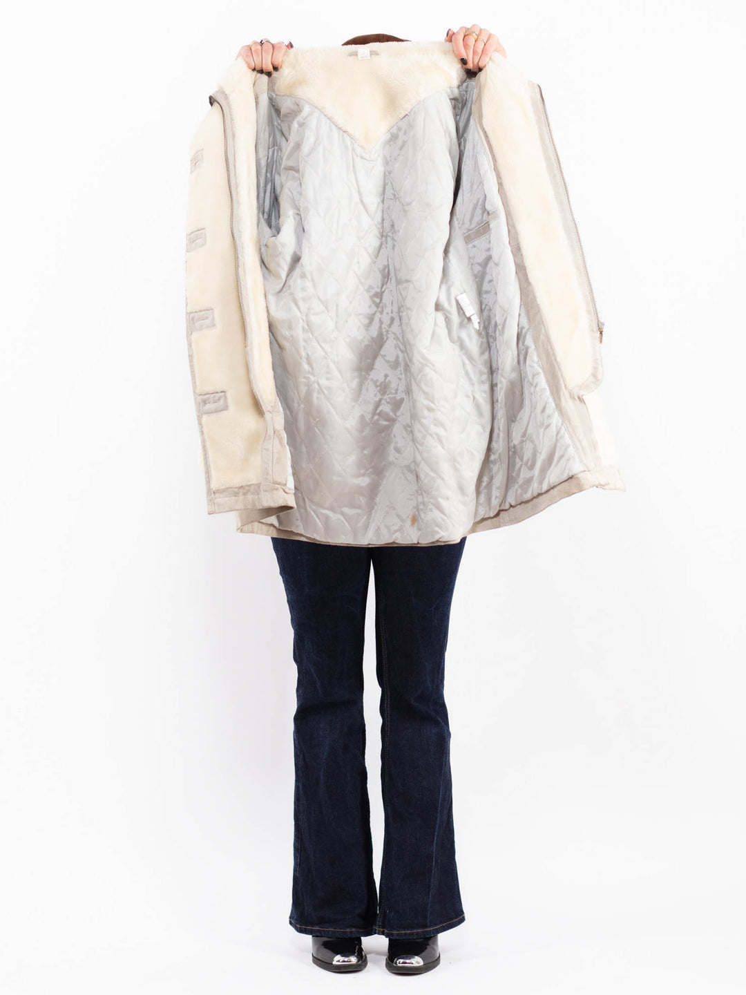 Vintage 90's Women Suede Sherpa Coat in Beige