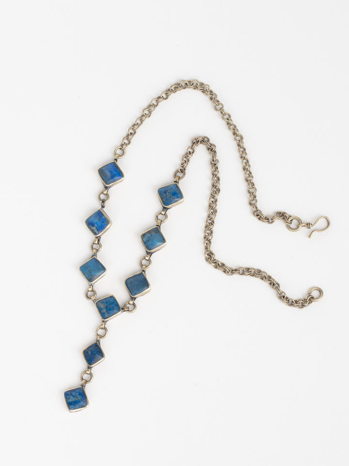 Vintage 1970s Lapis Blue Stone Necklace with Geometric Drop, Silver-Tone Metal Chain, Artisan Boho Pendant Necklace, Vintage Boho Jewelry