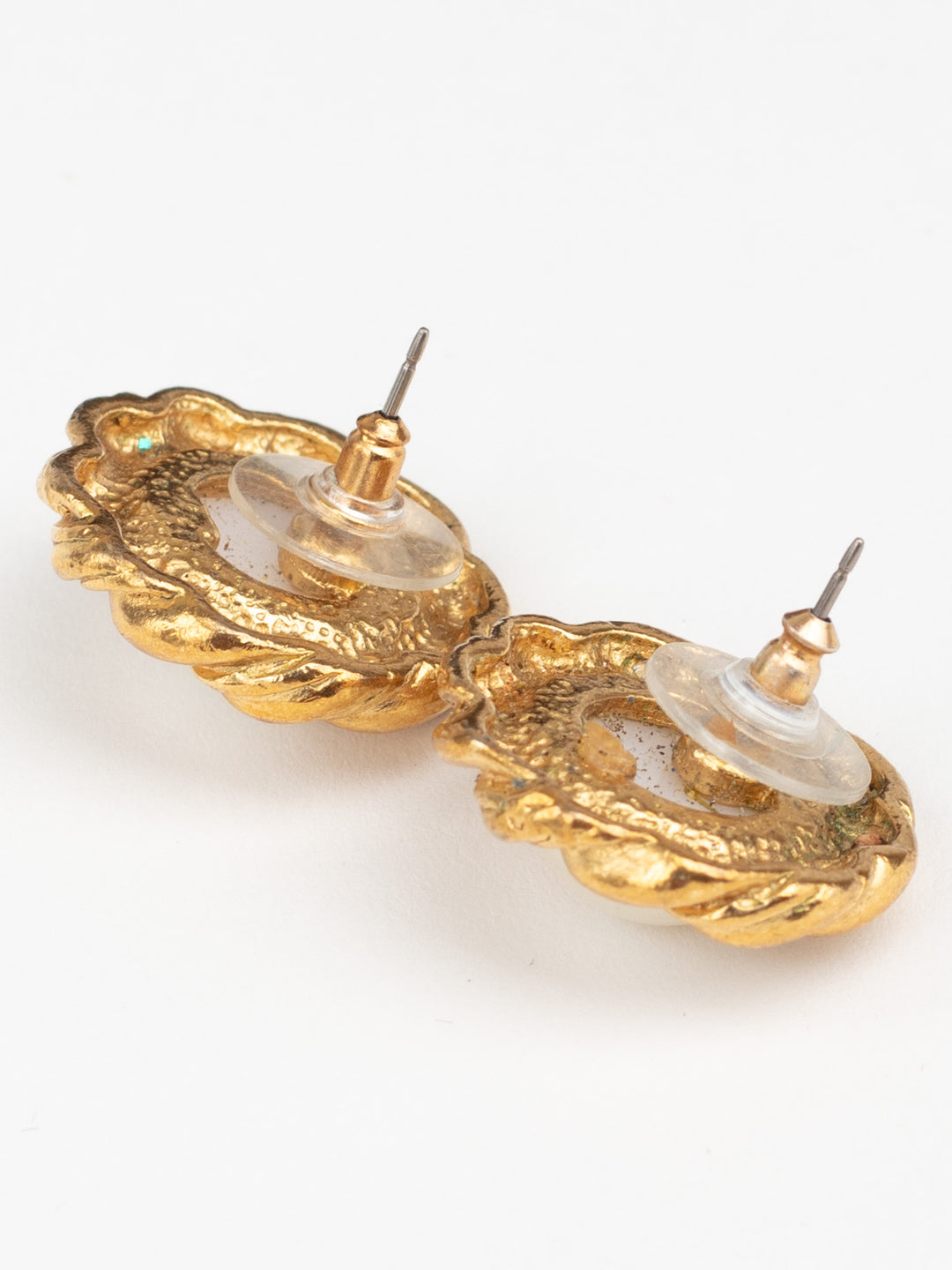 Vintage 80s Round Faux Pearl Earrings with Twisted Gold-Tone Frame
