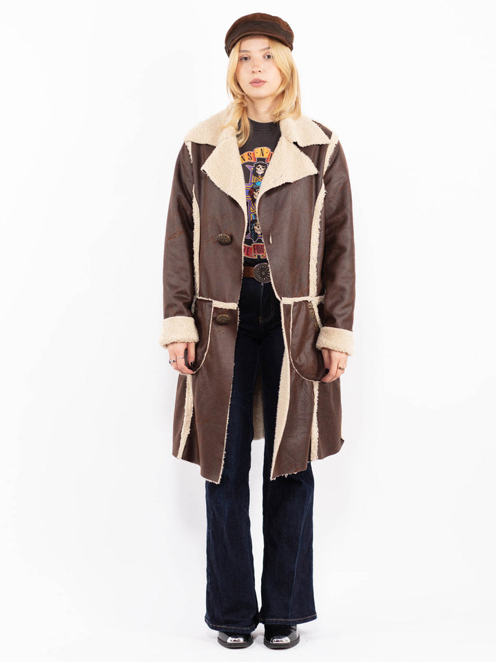 Vintage 90's Women Faux Sheepskin Coat in Brown