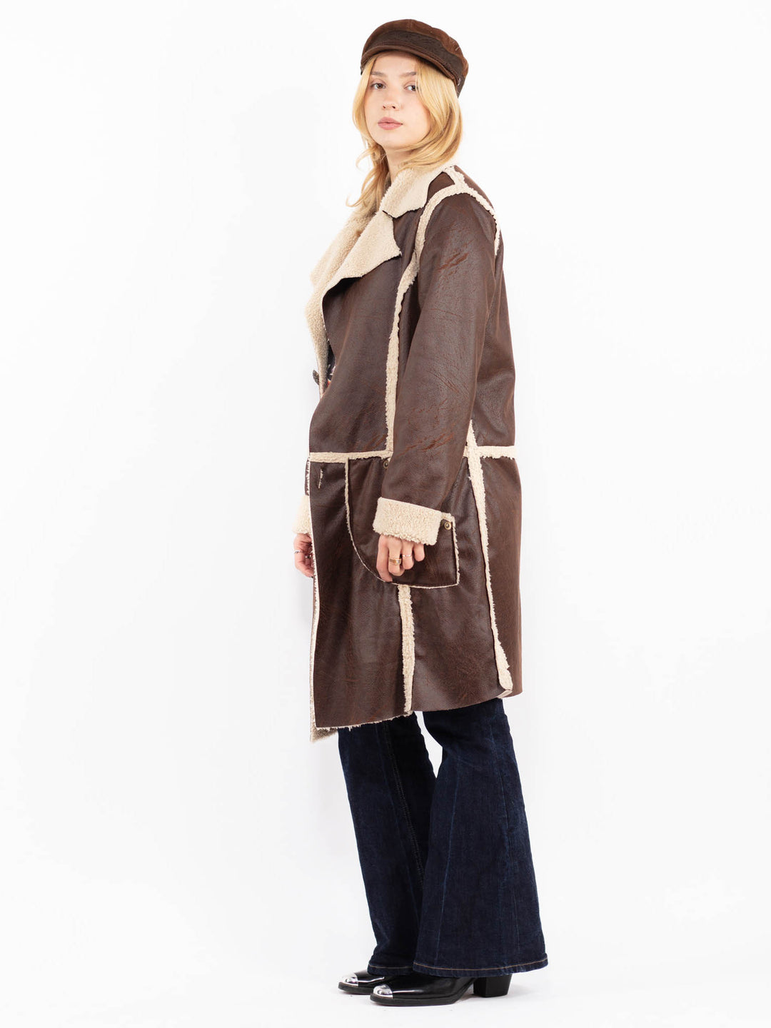 Vintage 90's Women Faux Sheepskin Coat in Brown
