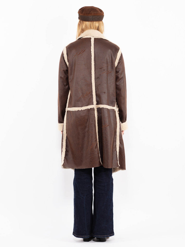 Vintage 90's Women Faux Sheepskin Coat in Brown