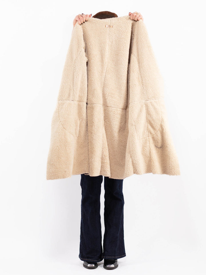 Vintage 90's Women Faux Sheepskin Coat in Brown