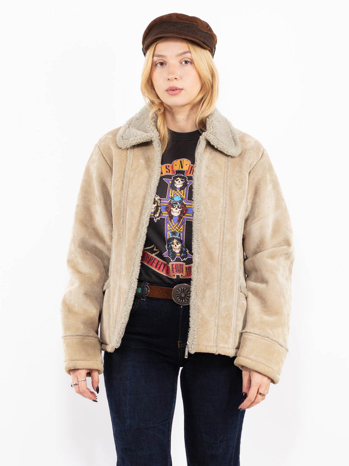 Vintage 90's Women Faux Sheepskin Jacket in Beige