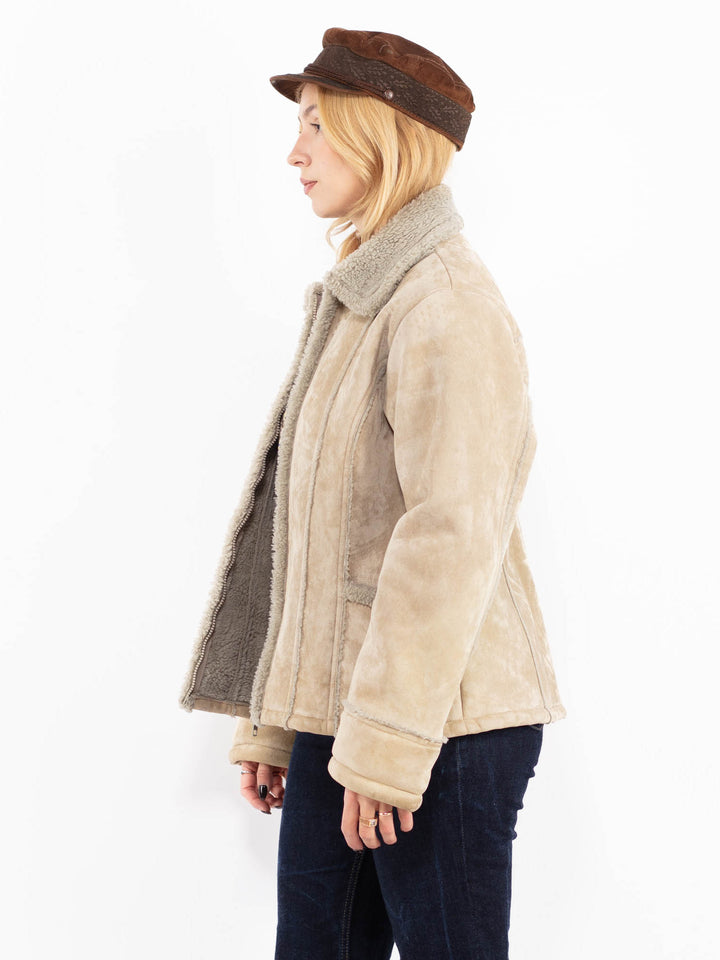 Vintage 90's Women Faux Sheepskin Jacket in Beige