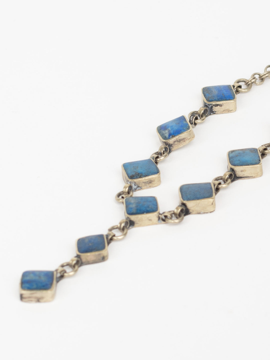 Vintage 1970s Lapis Blue Stone Necklace with Geometric Drop, Silver-Tone Metal Chain, Artisan Boho Pendant Necklace, Vintage Boho Jewelry