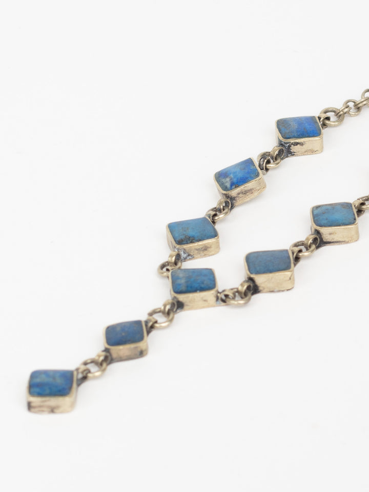 Vintage 1970s Lapis Blue Stone Necklace with Geometric Drop, Silver-Tone Metal Chain, Artisan Boho Pendant Necklace, Vintage Boho Jewelry