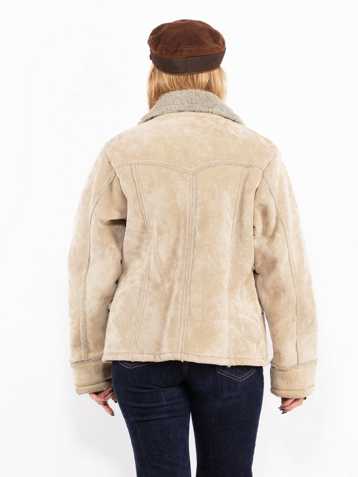 Vintage 90's Women Faux Sheepskin Jacket in Beige