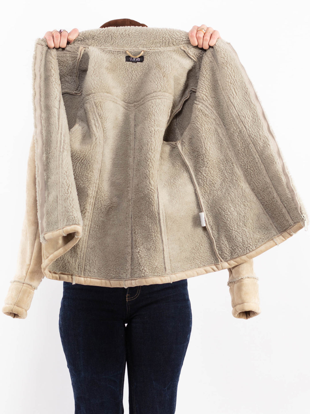 Vintage 90's Women Faux Sheepskin Jacket in Beige