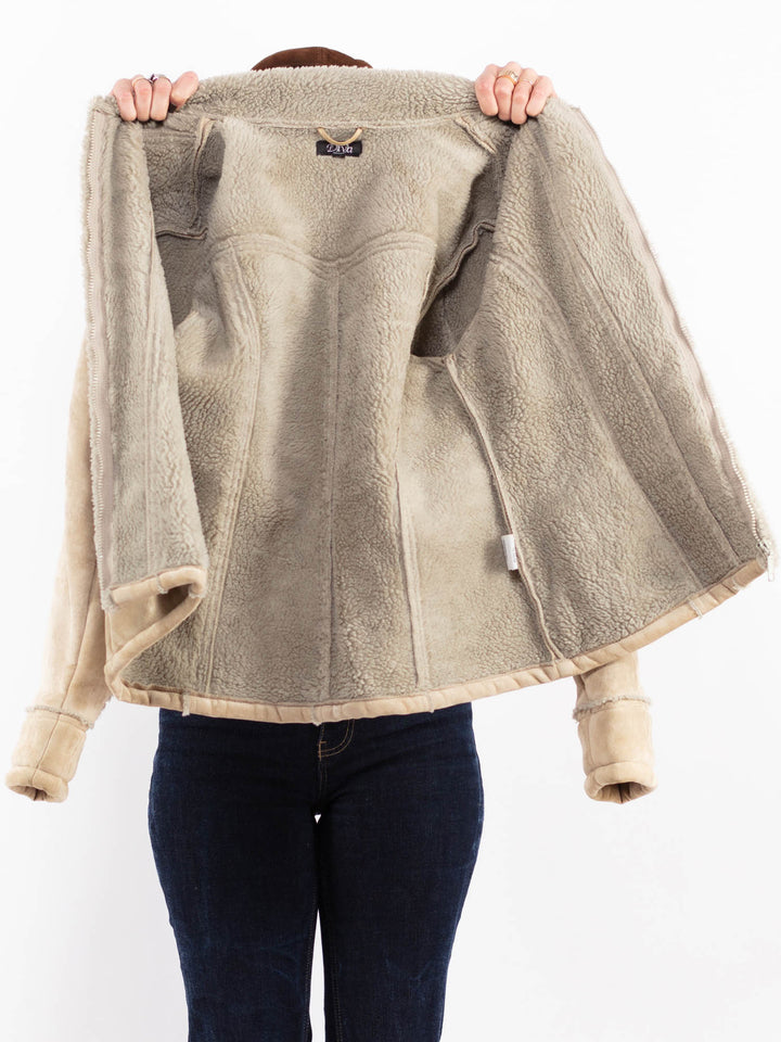 Vintage 90's Women Faux Sheepskin Jacket in Beige